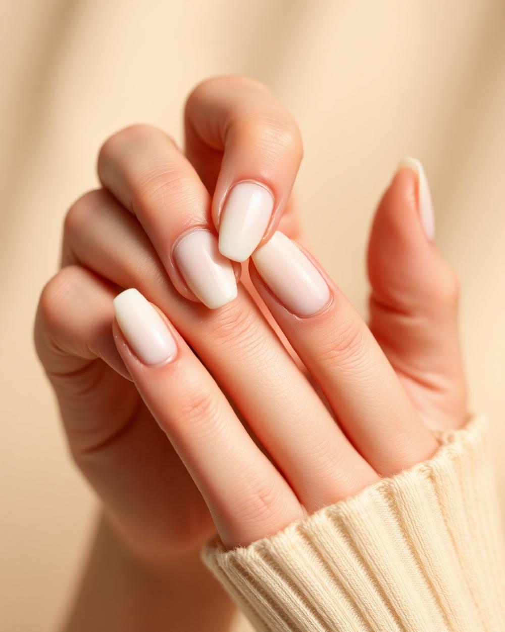 Milky white french tip acrylic nails with a glossy finish