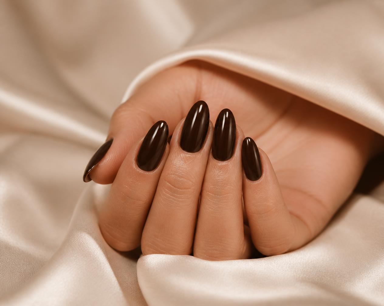 Glossy dark chocolate brown almond nails resting on cream silk