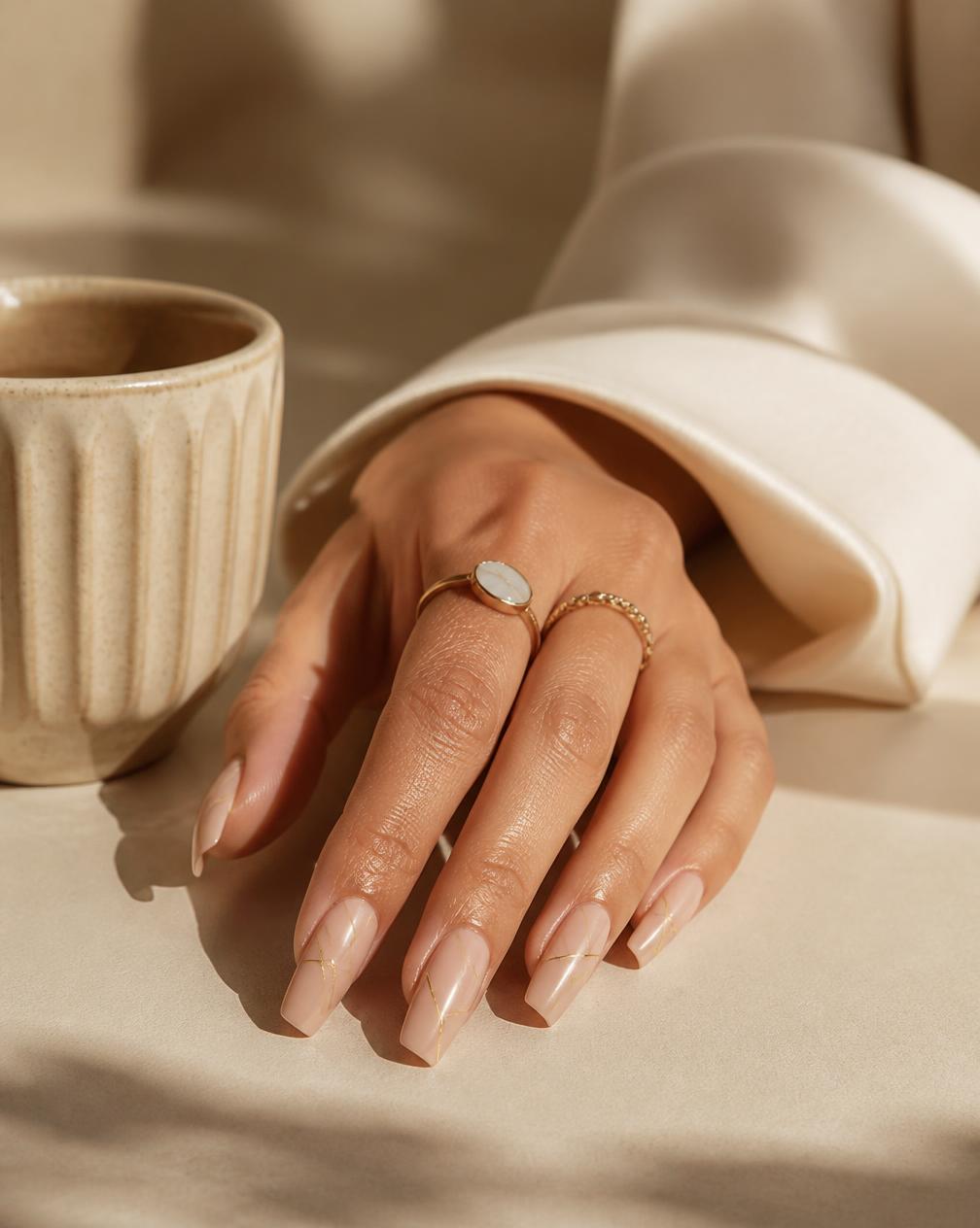 Long nude coffin nails with fine gold line nail art